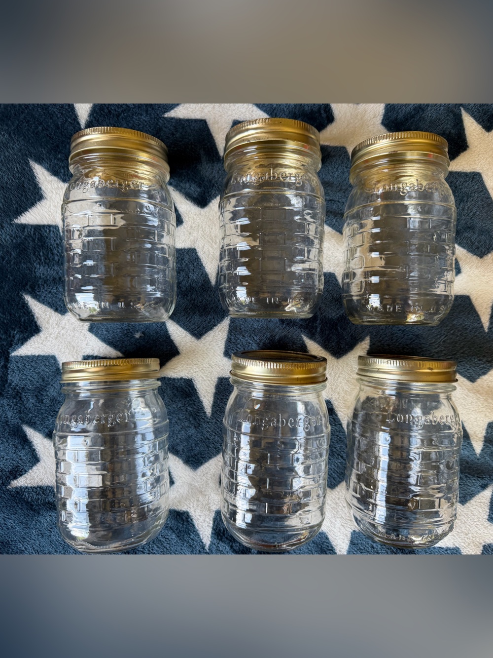 Longaberger Blue Ribbon Glass Jars with Gold Lids set of Six